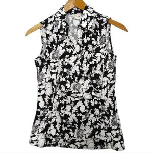 Talbots Surplice Sleeveless Shirt Floral Faux Wrap Stretch Cotton Black White 2P